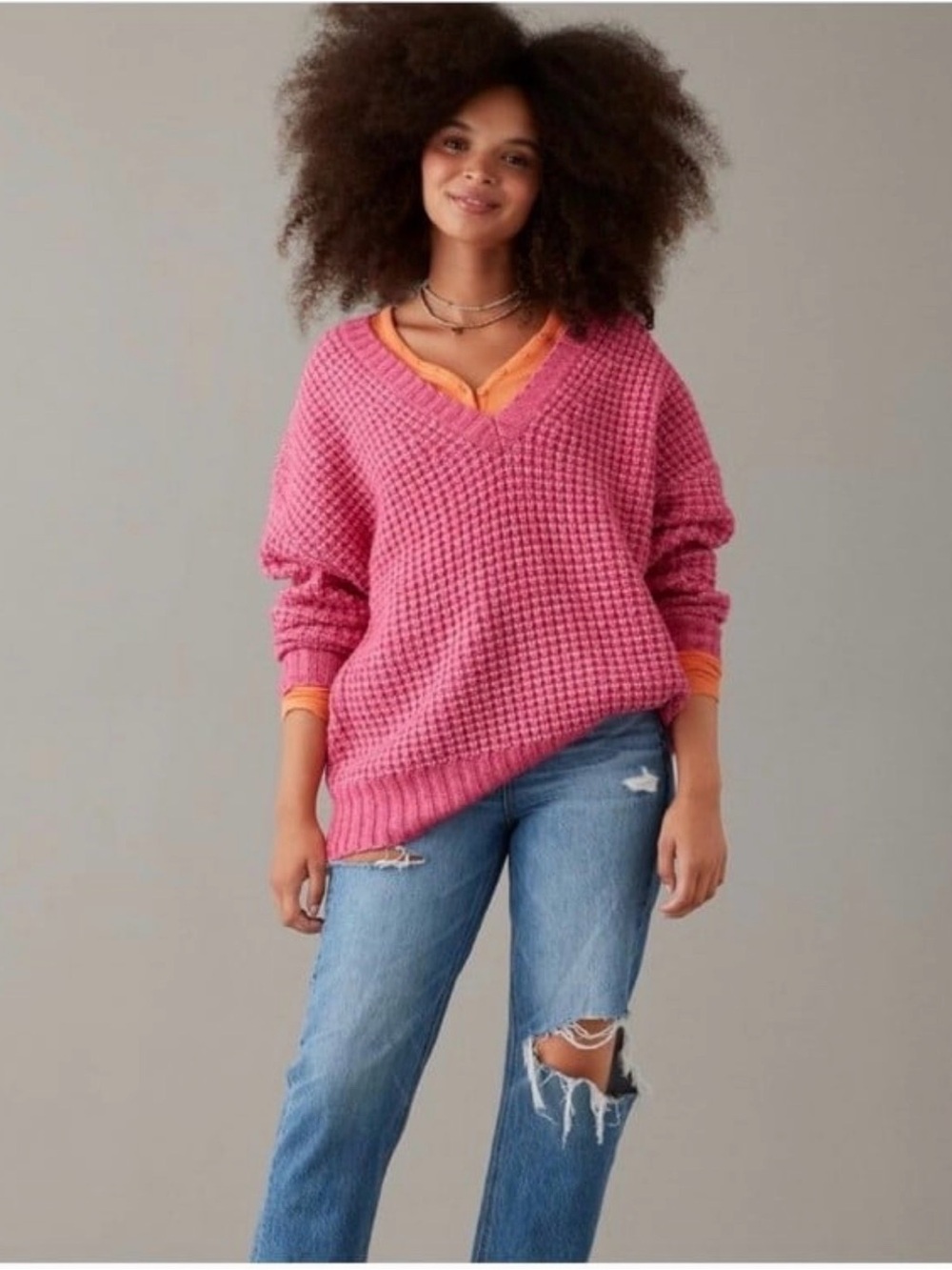 American Eagle Pink Whoa So Cozy Waffle Knit Sweater